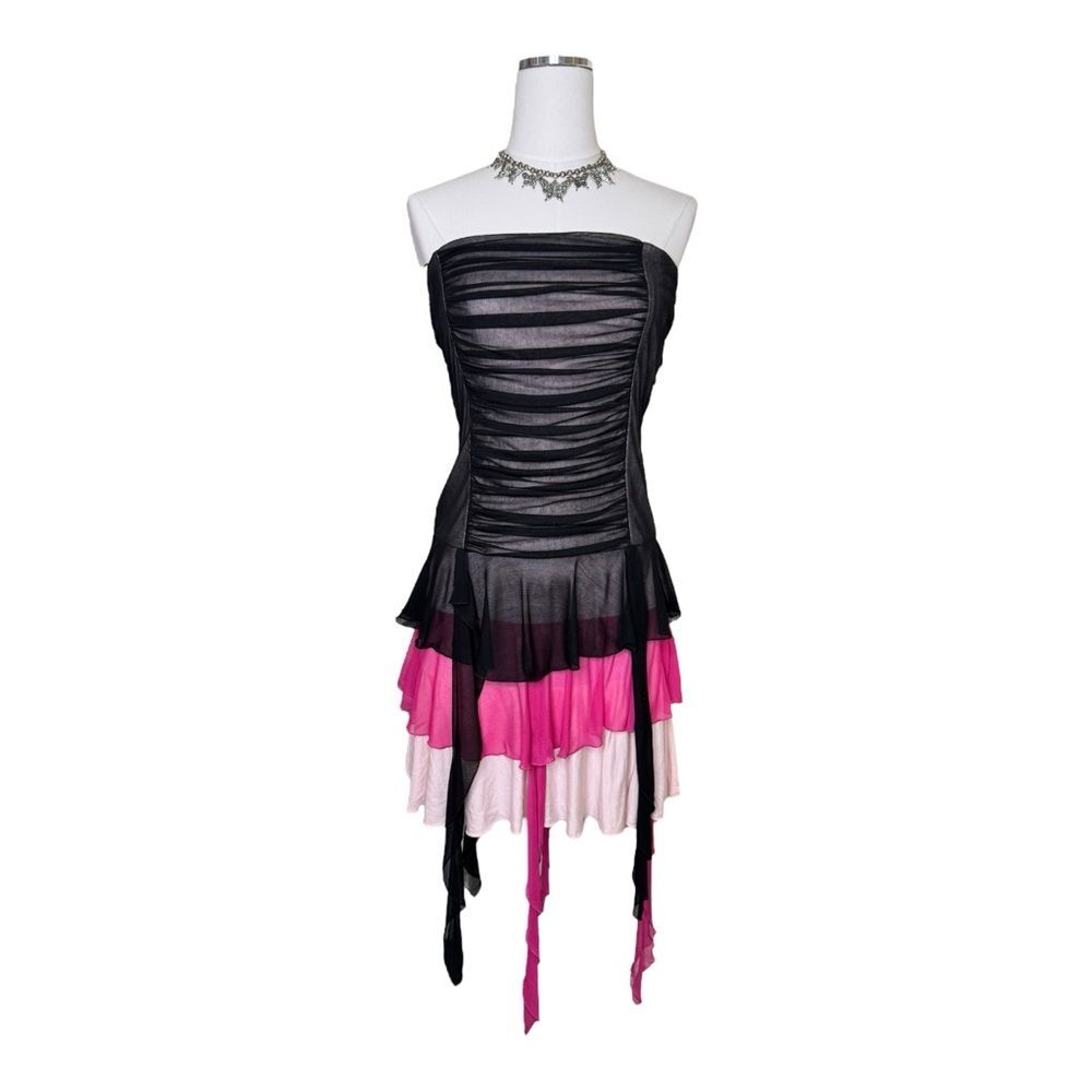 Xoxo Pink + Black Strapless Ruffle Jellyfish Hem Ruffle Mini Dress Size Medium